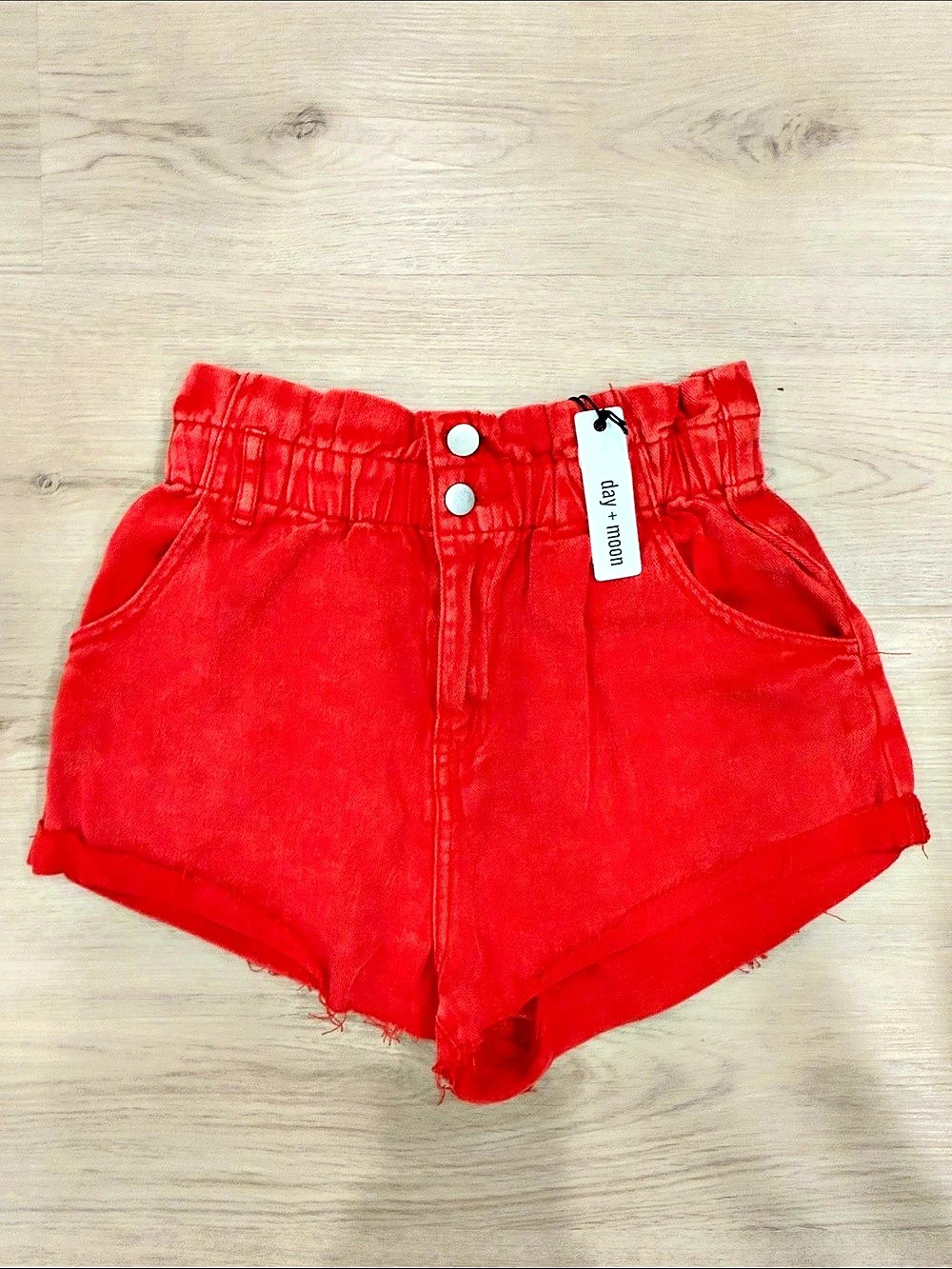 day + moon Let It Unravel Paper Bag Denim Shorts Red Small